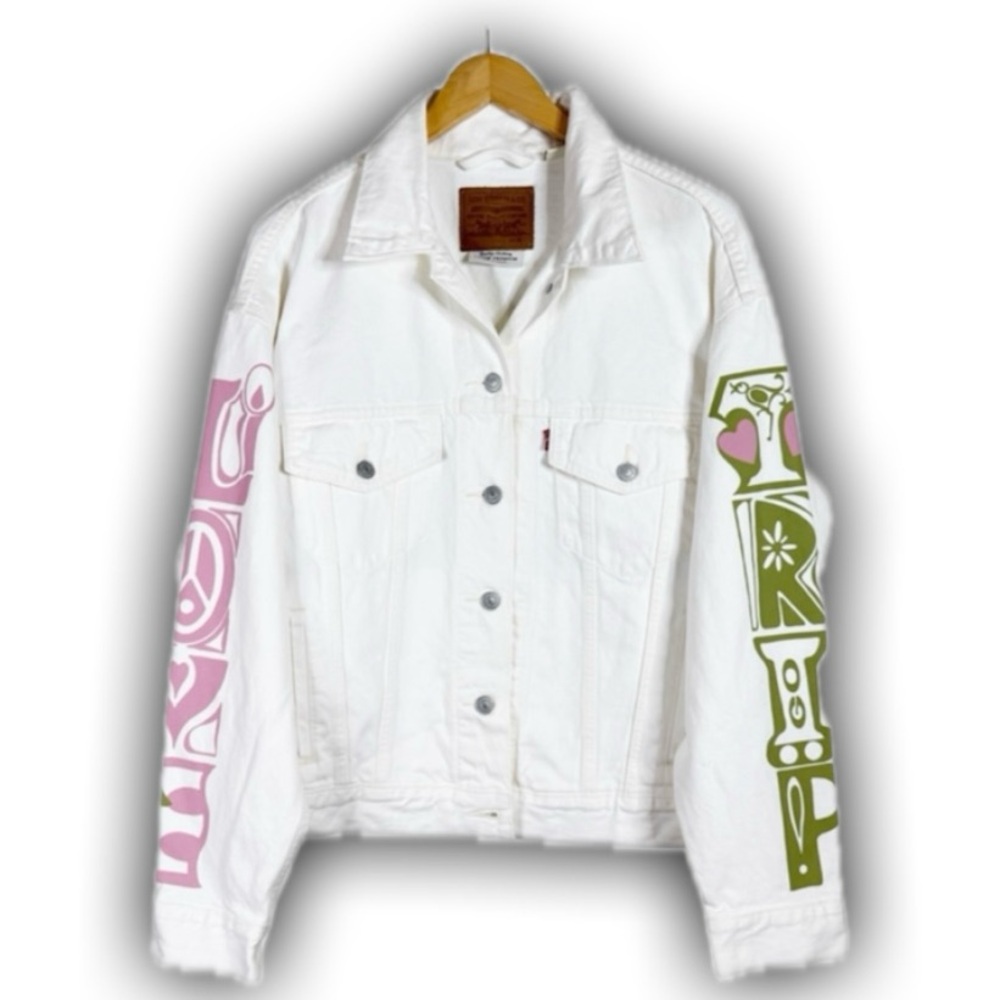 Levi's Premium '90s Crazy Legs Love Trip White Trucker Jacket size XS